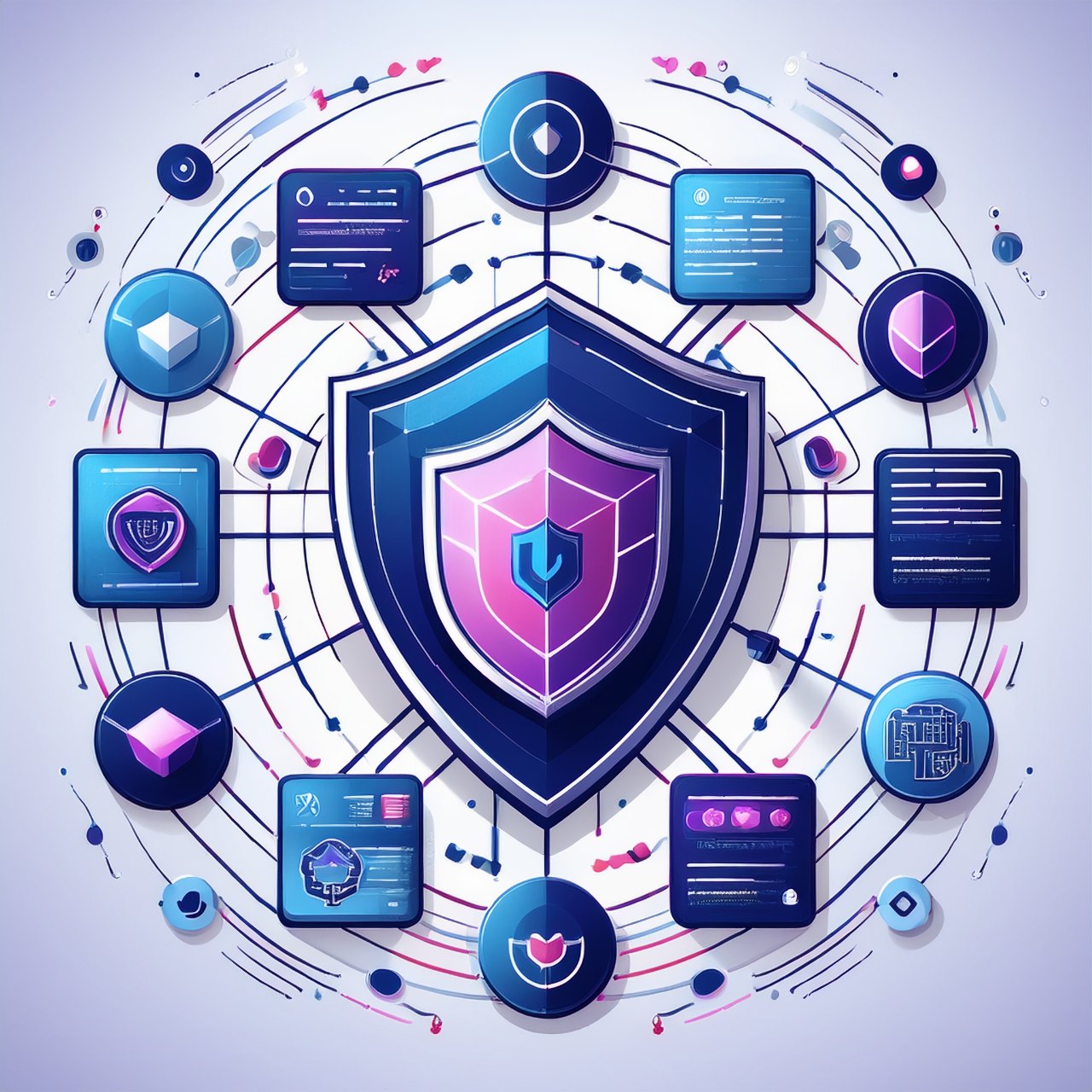 Website wireframe protected by a shield at the centre while icons of changing devices and technology orbit around it