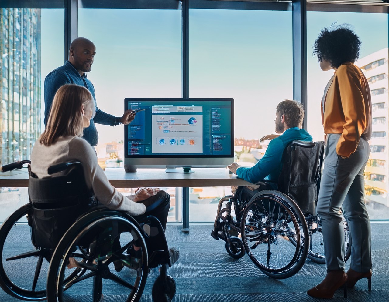 How to make a website accessible: a diverse team reviewing a design together