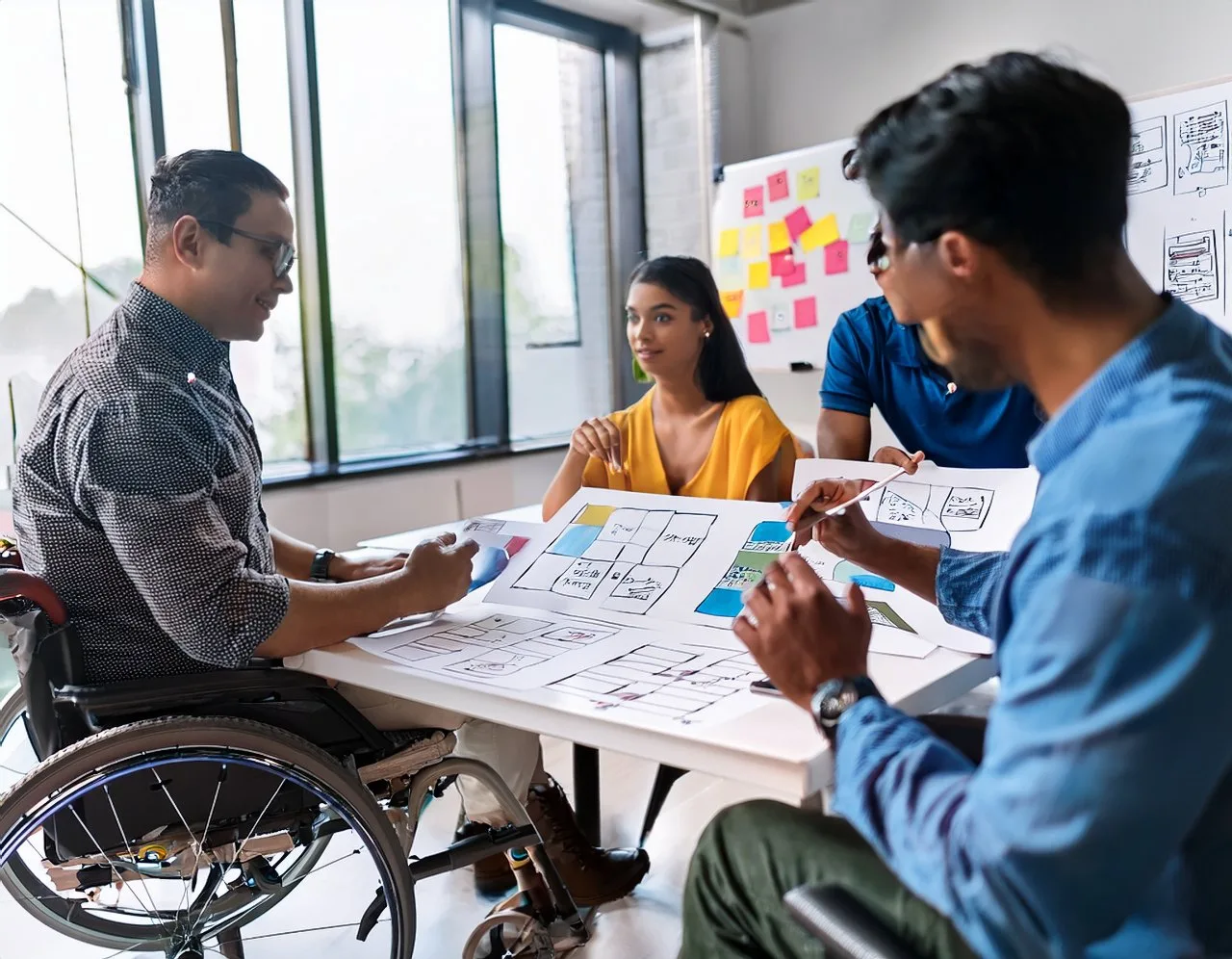 Wireframes on a studio wall during an inclusive design session