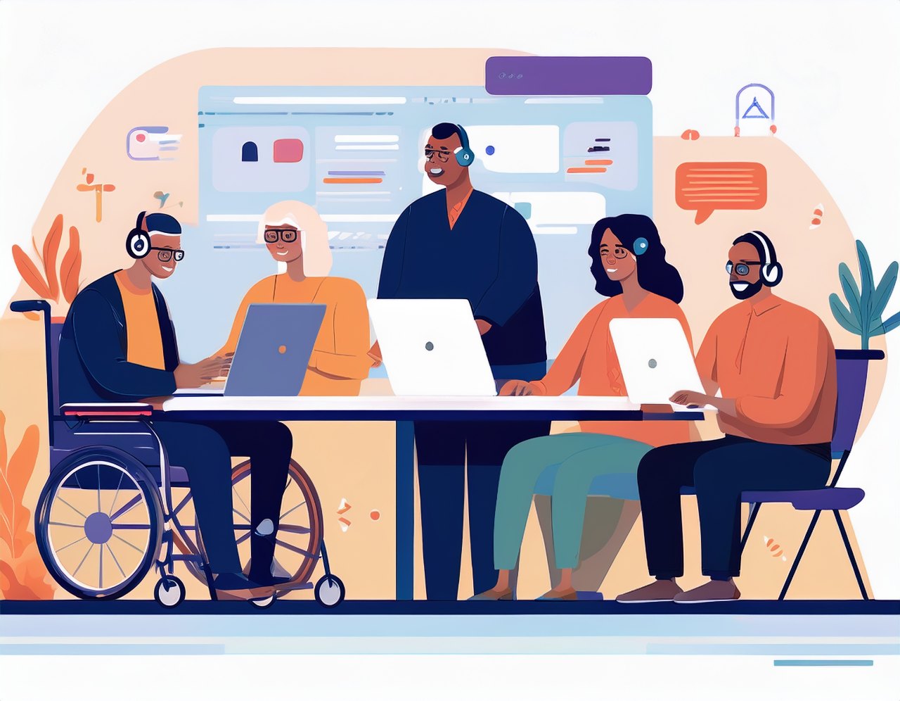 Diverse group of people using the same website: a screen reader user with a headset, a keyboard-only user, an older person on a tablet and a wheelchair user with a laptop