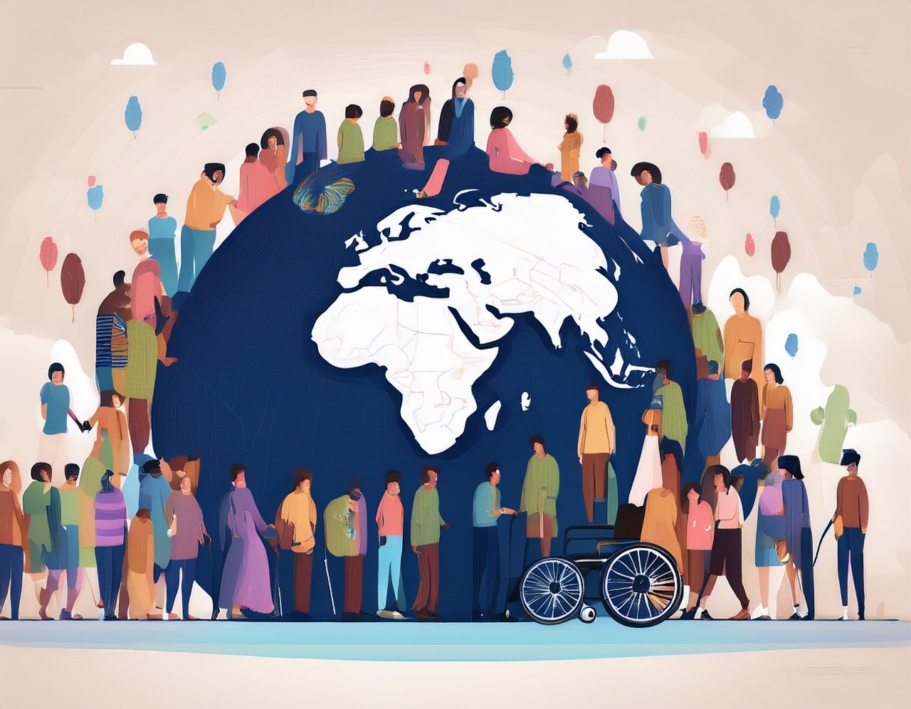 Large diverse crowd around a globe, including a wheelchair user, a person with a white cane, a person with a hearing aid and a guide dog