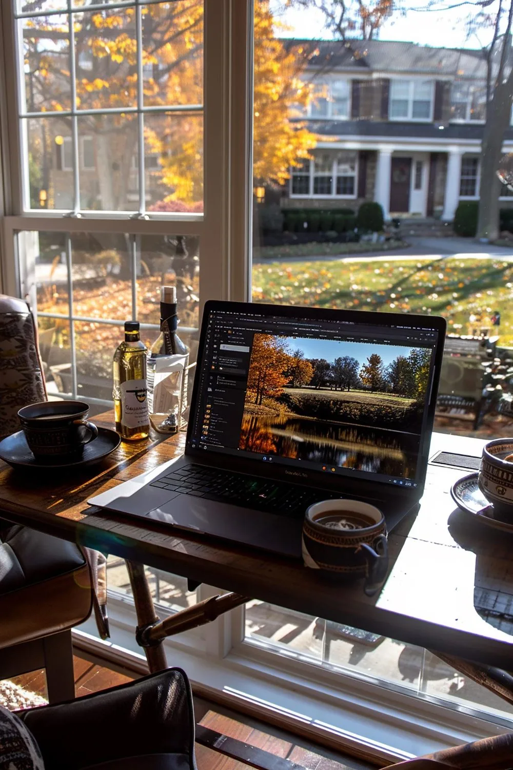 A laptop open on a wooden table beside a sunny window in autumn, with an editing tool on screen