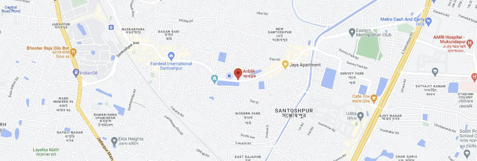 Contact us at the M/S. Anblik office - 125 Santoshpur Avenue, Santoshpur, Kolkata, West Bengal 700075, India, shown on Google Maps