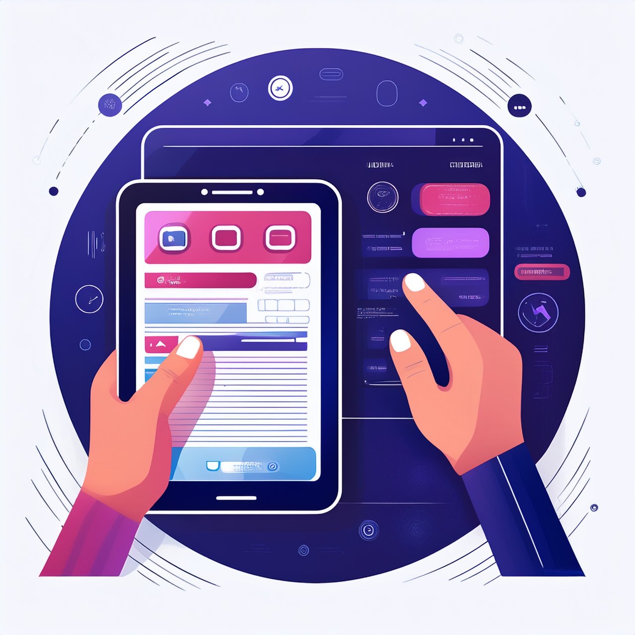 Smartphone and tablet showing the same website adapting to each screen size, with large tap-friendly buttons