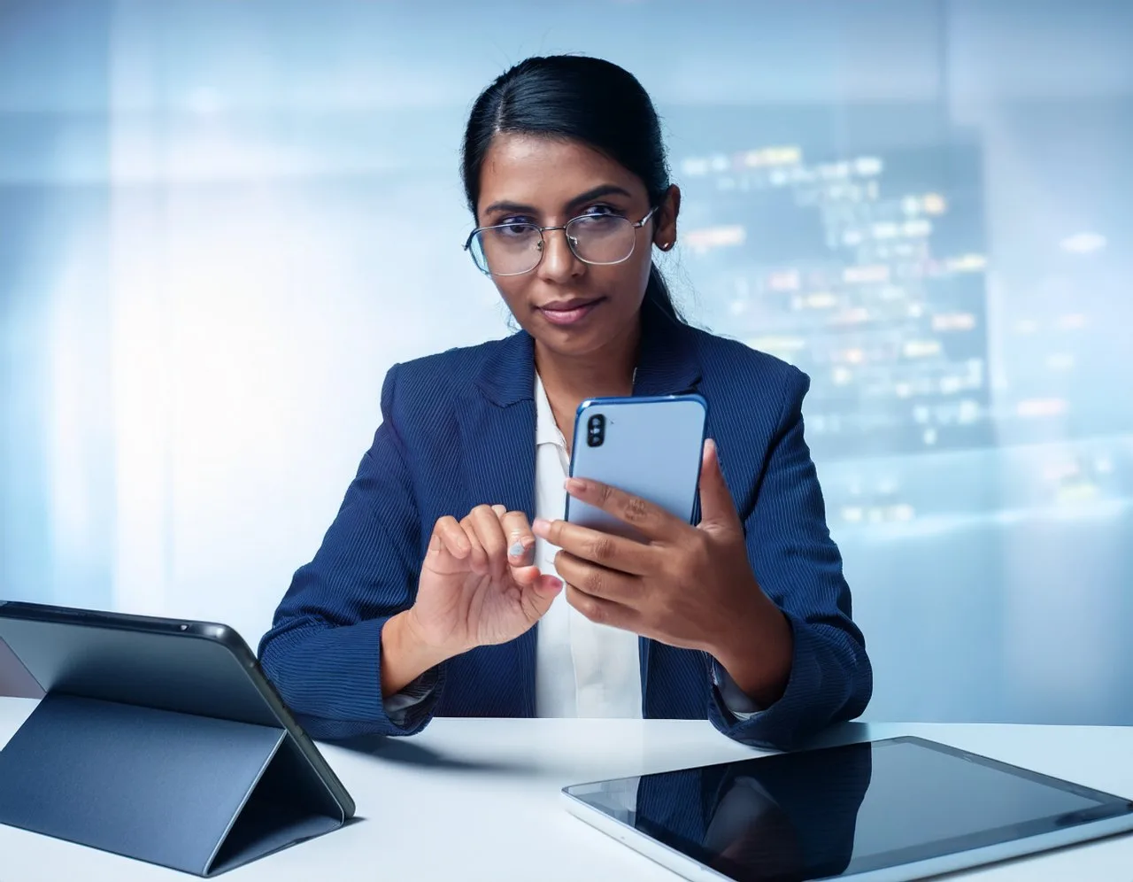 Phones and a tablet set up for accessibility testing