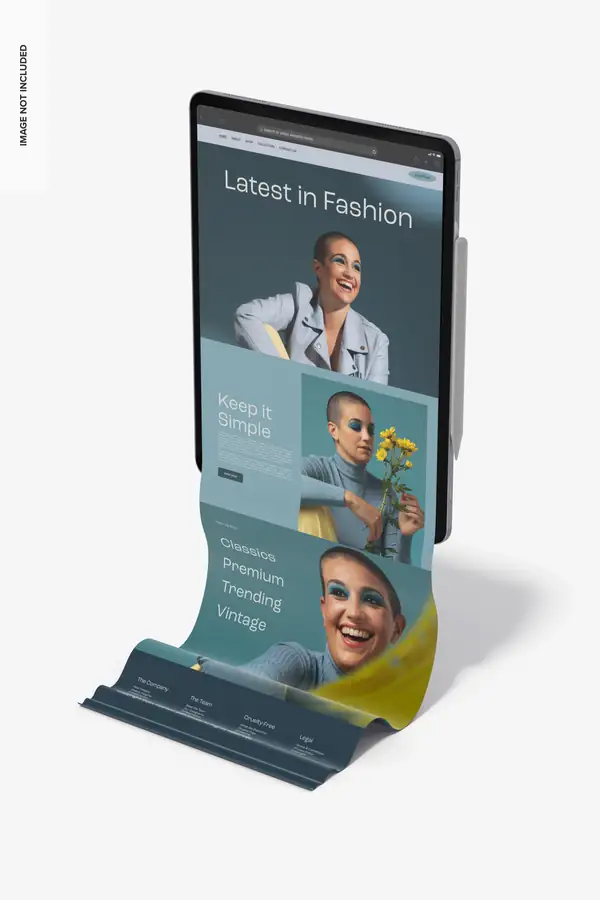 A tablet with a web page unrolling out of the screen and continuing below it.