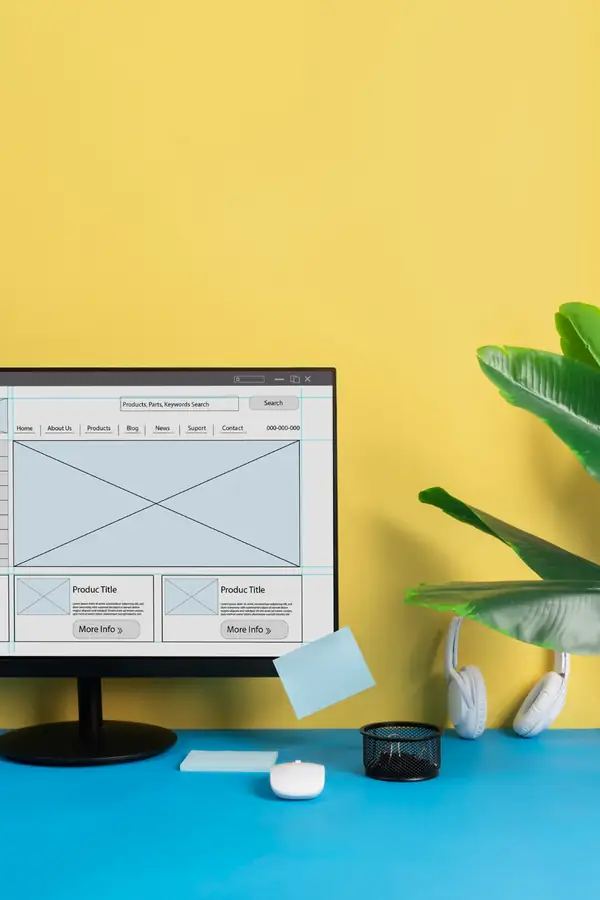 A monitor showing a page stripped back to a plain wireframe of boxes and labels.