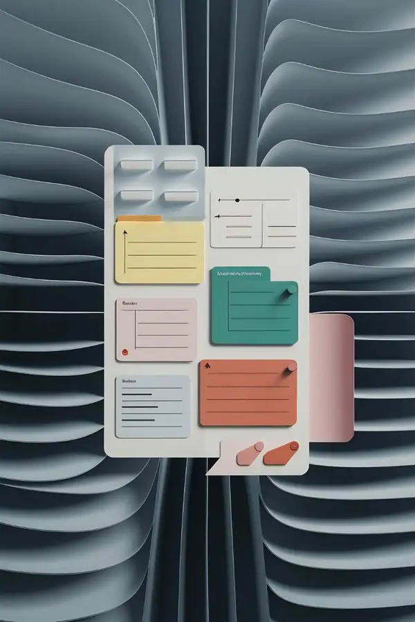 Small interface cards and panels floating in front of a plain sculpted background.