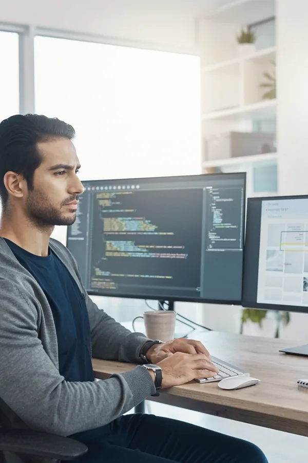 A developer at a desk studies lines of code on one monitor while a second monitor shows the web page being fixed.