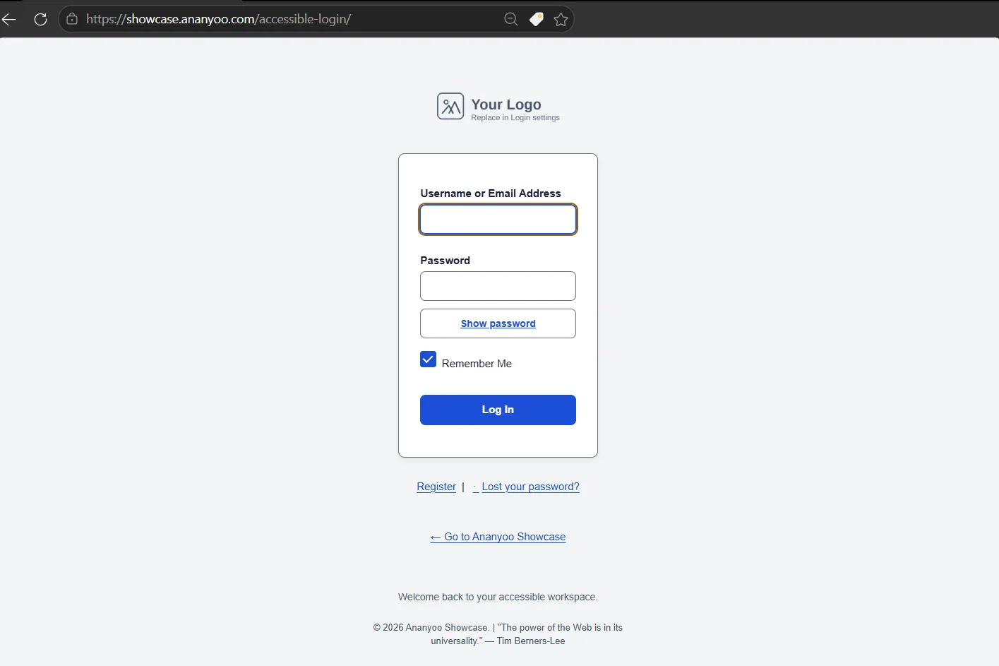 The Accessible Login plugin login screen, shown on a desktop browser