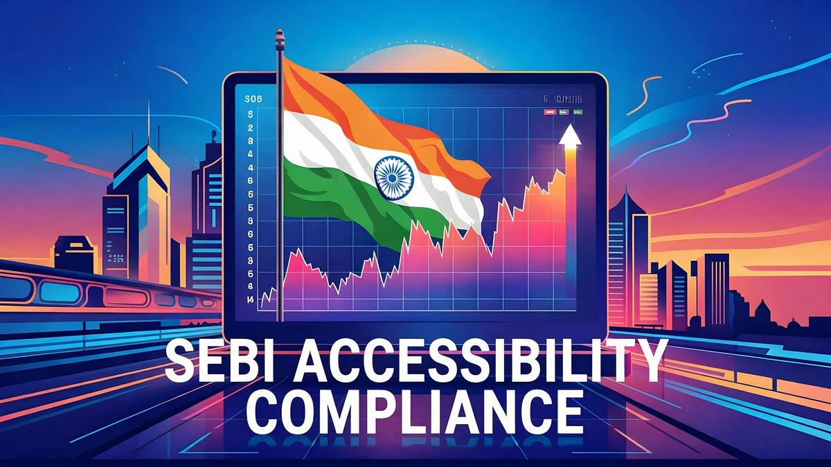 SEBI accessibility compliance: an Indian flag over a rising market chart on a large screen, with a city skyline behind