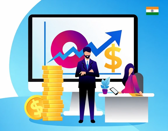 A SEBI accessibility compliance rebuild in use: an investment adviser standing beside a large screen showing a rising market chart, with a colleague at a desk and an Indian flag above