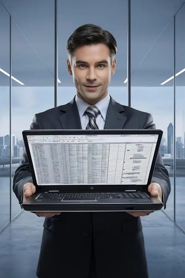 A consultant holding out an open laptop showing a detailed conformance report.