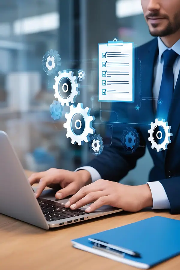 A tester at a laptop working through a digital checklist, ticking one item at a time.
