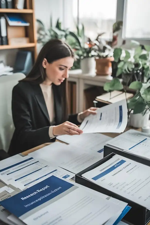 A procurement officer at a desk reading through a printed report and supporting documents.