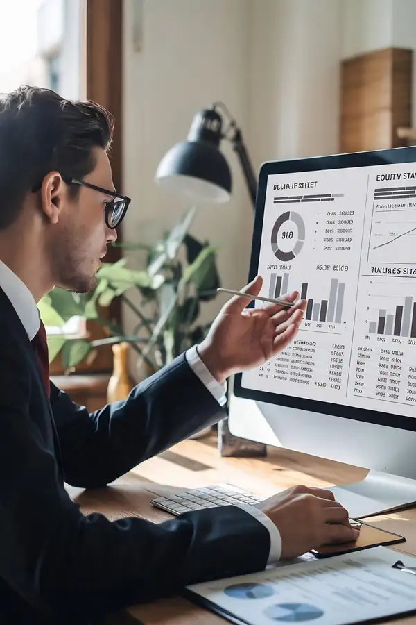 A consultant at a desk explaining figures on a monitor, pointing at the screen.