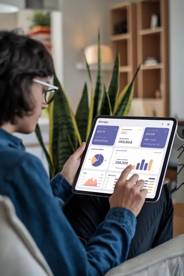 A person sitting in an armchair using a tablet dashboard with charts and figures.