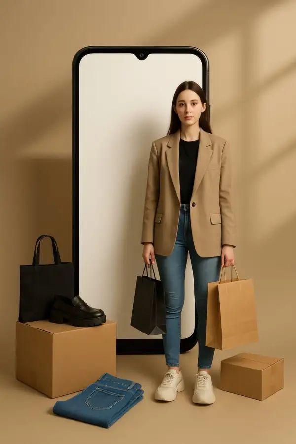 A shopper standing with her purchases in front of an oversized blank phone screen.