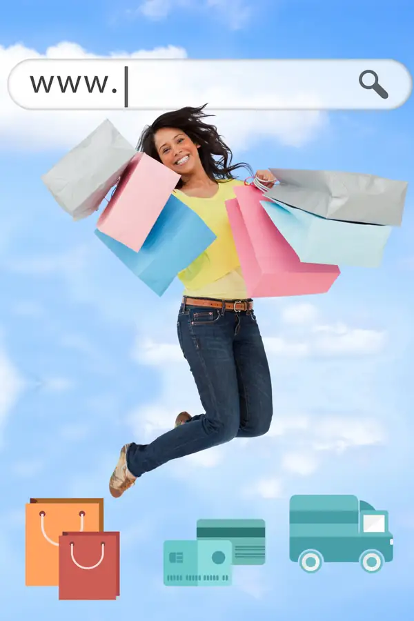 A shopper leaping with shopping bags beneath a browser address bar, with payment and delivery icons below.