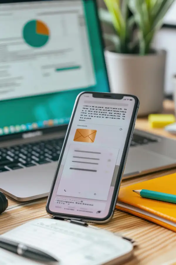A phone standing on a desk showing a contact form, a laptop with a chart behind it.