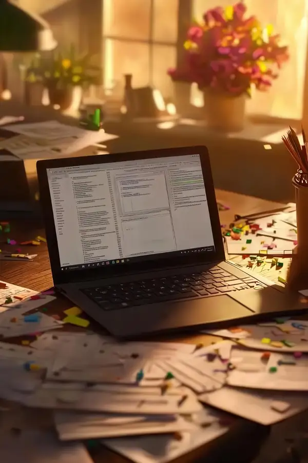 A laptop open on a cluttered desk with a document on screen, warm evening light from the window behind.