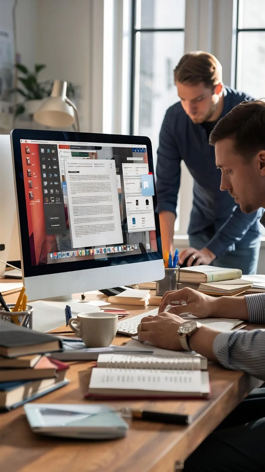 Two developers at a desk reviewing pages of content on a large monitor