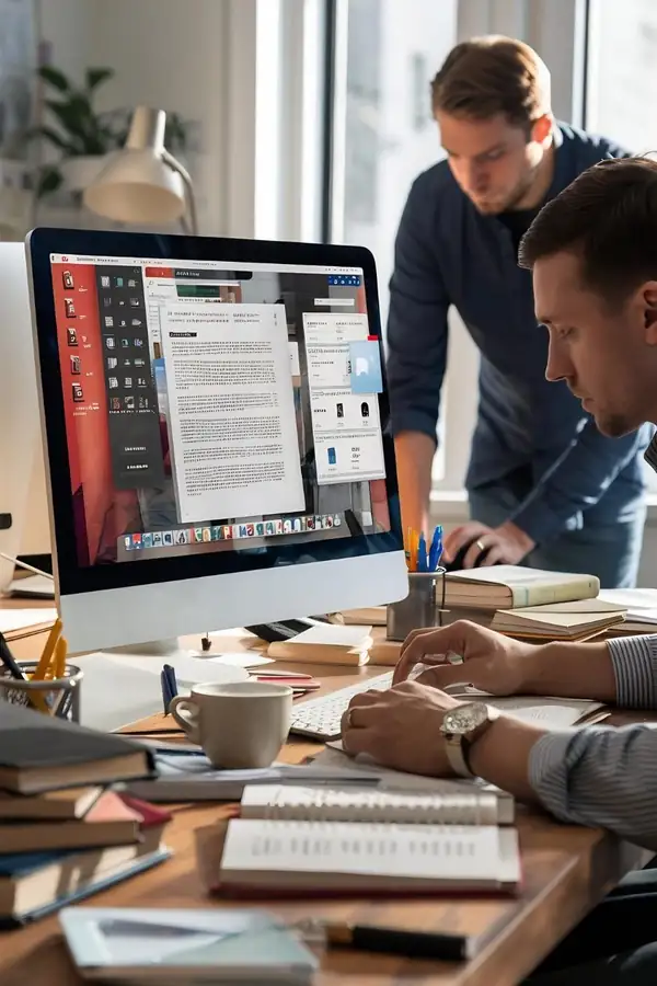 Two developers reading through page content on a screen together.