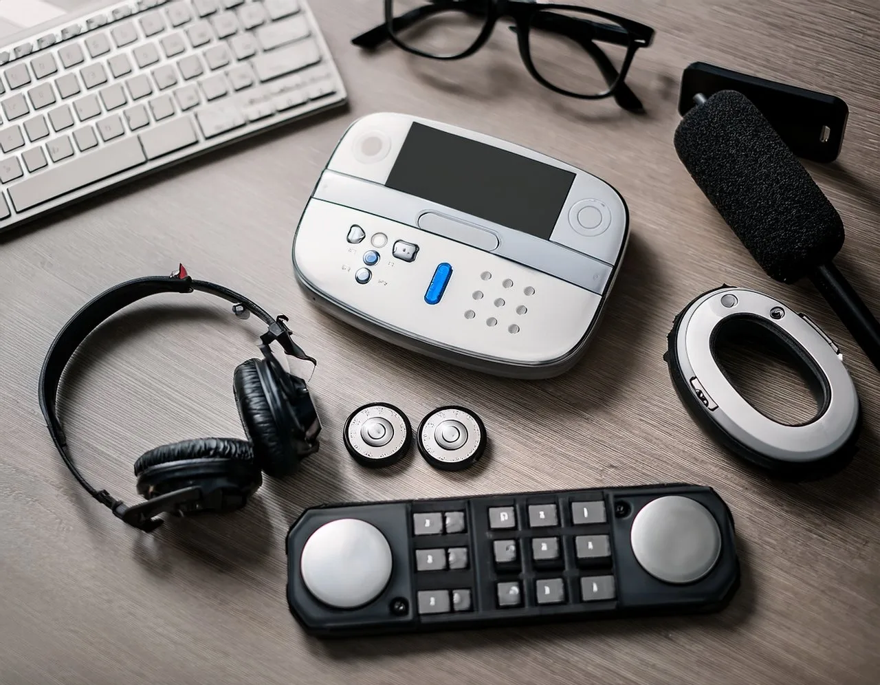 Types of assistive technology: braille display, hearing aids, magnifier and adaptive keyboard