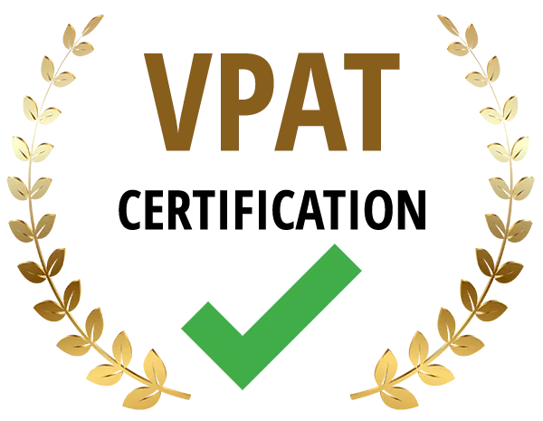 Badge reading VPAT certification with a green tick inside a golden laurel wreath.