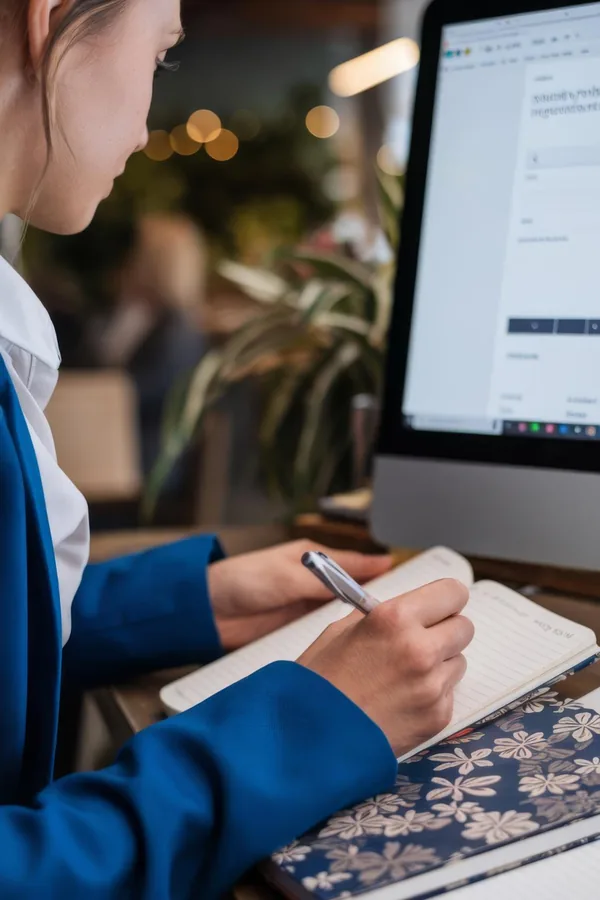 A woman in a blue jacket writes notes in a notebook beside a monitor showing a web page.