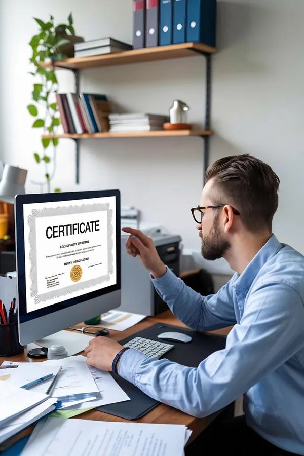 A bearded man in glasses points at a certificate displayed on his desktop monitor, with papers spread across the desk.