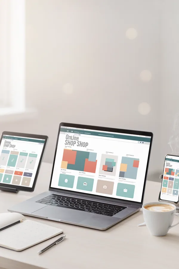 A laptop, a tablet and a phone on a clean desk all showing the same online shop page at different sizes, with a notebook and a coffee beside them.