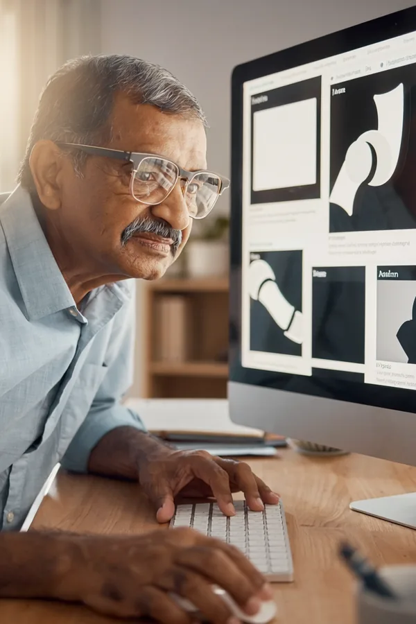 An older man with glasses leans towards a large monitor showing a web page with enlarged, high-contrast panels, one hand on the keyboard.