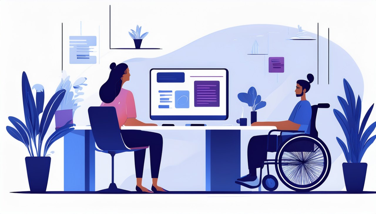 Web developer in a wheelchair working with a colleague at two monitors in a bright, inclusive office