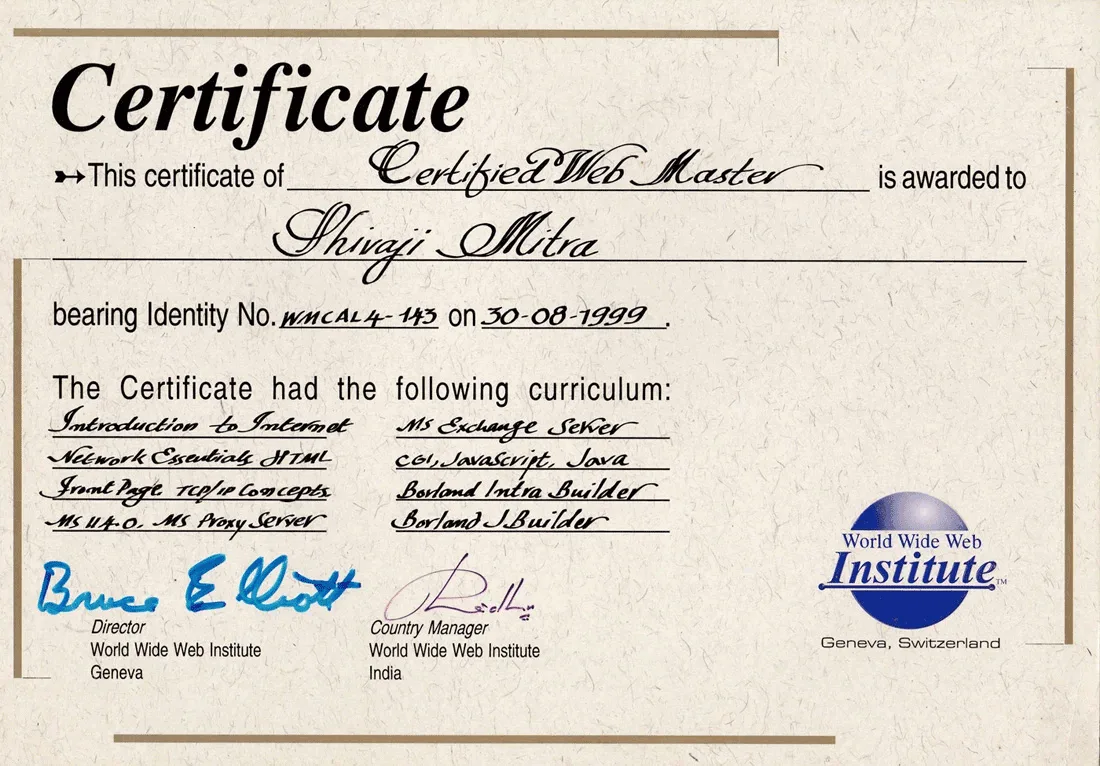 3WI Certified Webmaster certificate awarded to Shivaji Mitra
