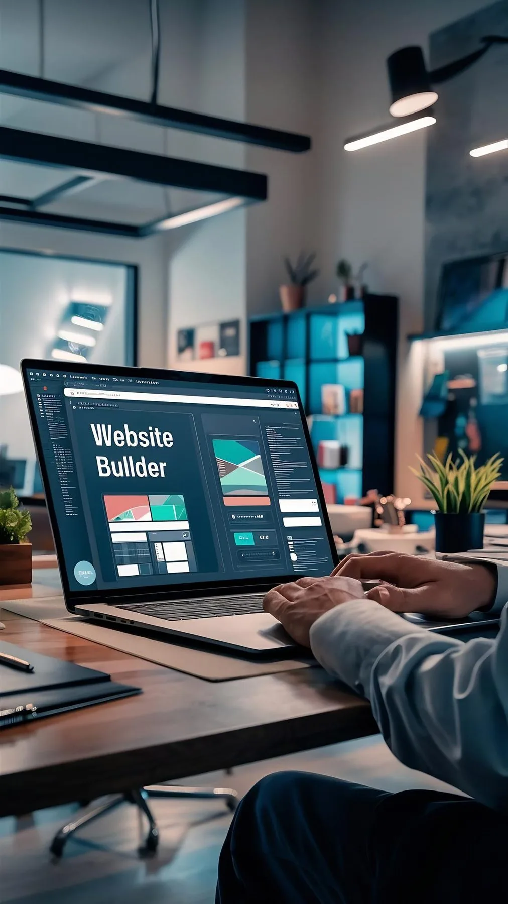 A laptop in a modern studio showing a website builder interface with page templates