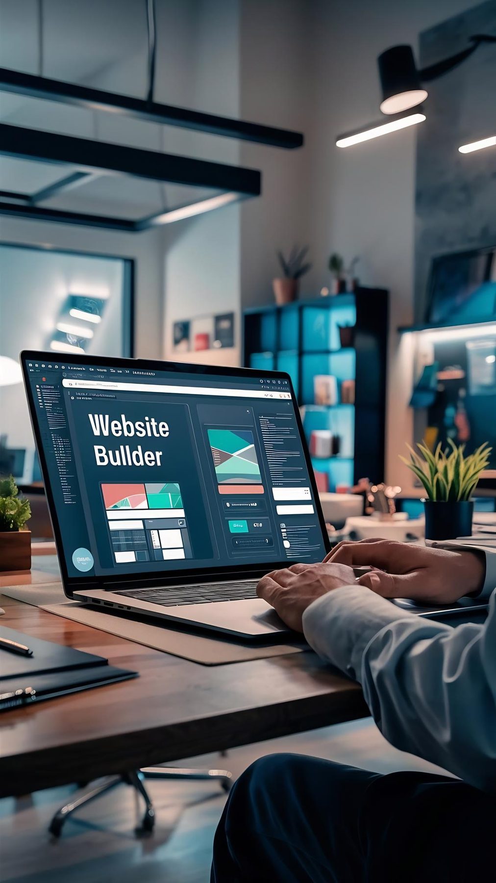 A laptop in a modern studio showing a website builder interface with page templates