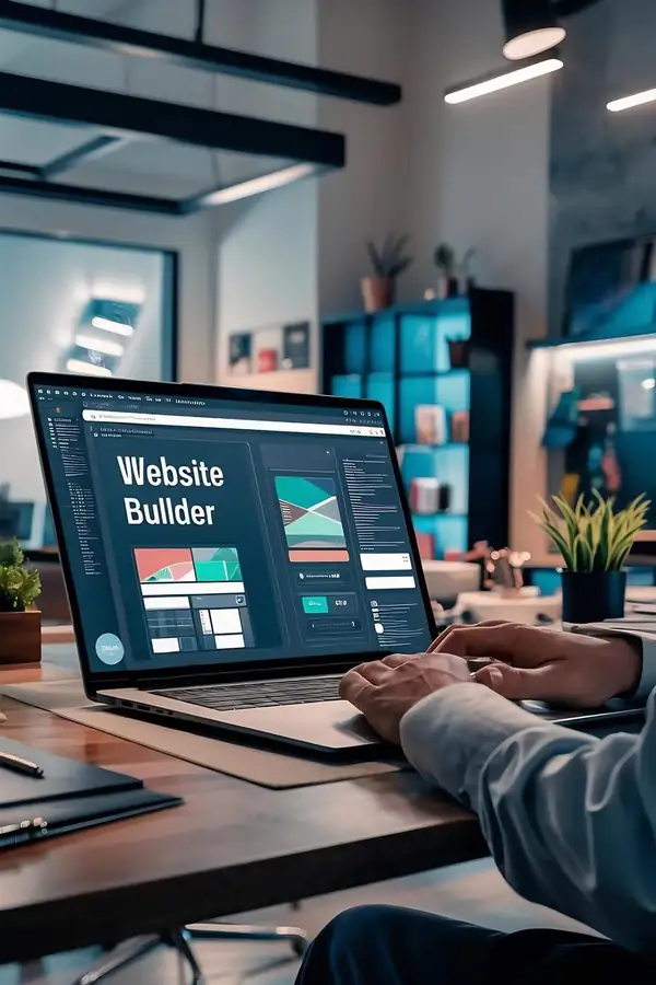 A visual website builder open on a laptop in a studio.