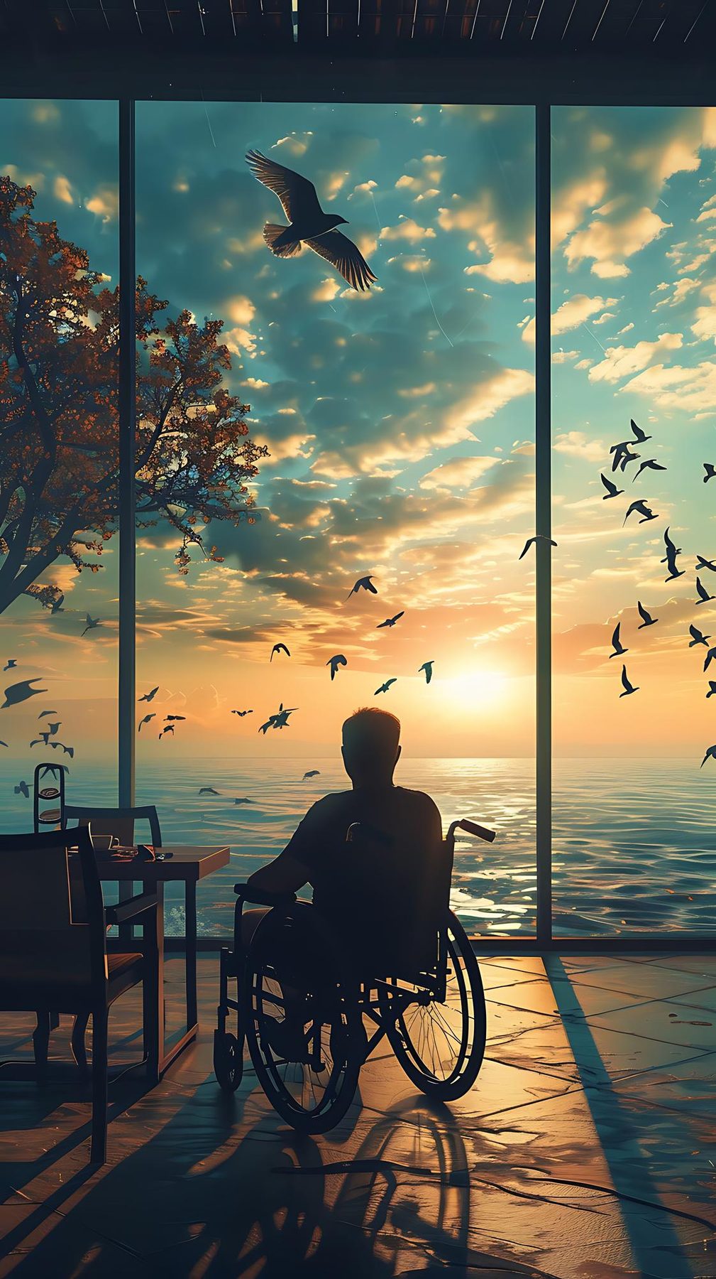 Illustration of a person in a wheelchair at a wide window, looking out over the sea at sunset with birds in flight
