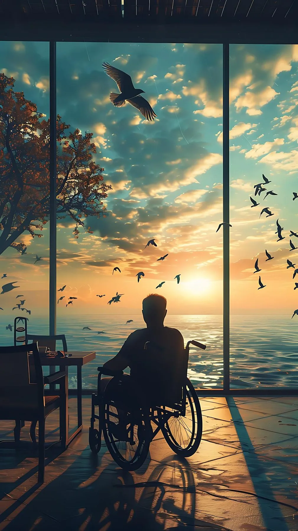 Illustration of a person in a wheelchair at a wide window, looking out over the sea at sunset with birds in flight