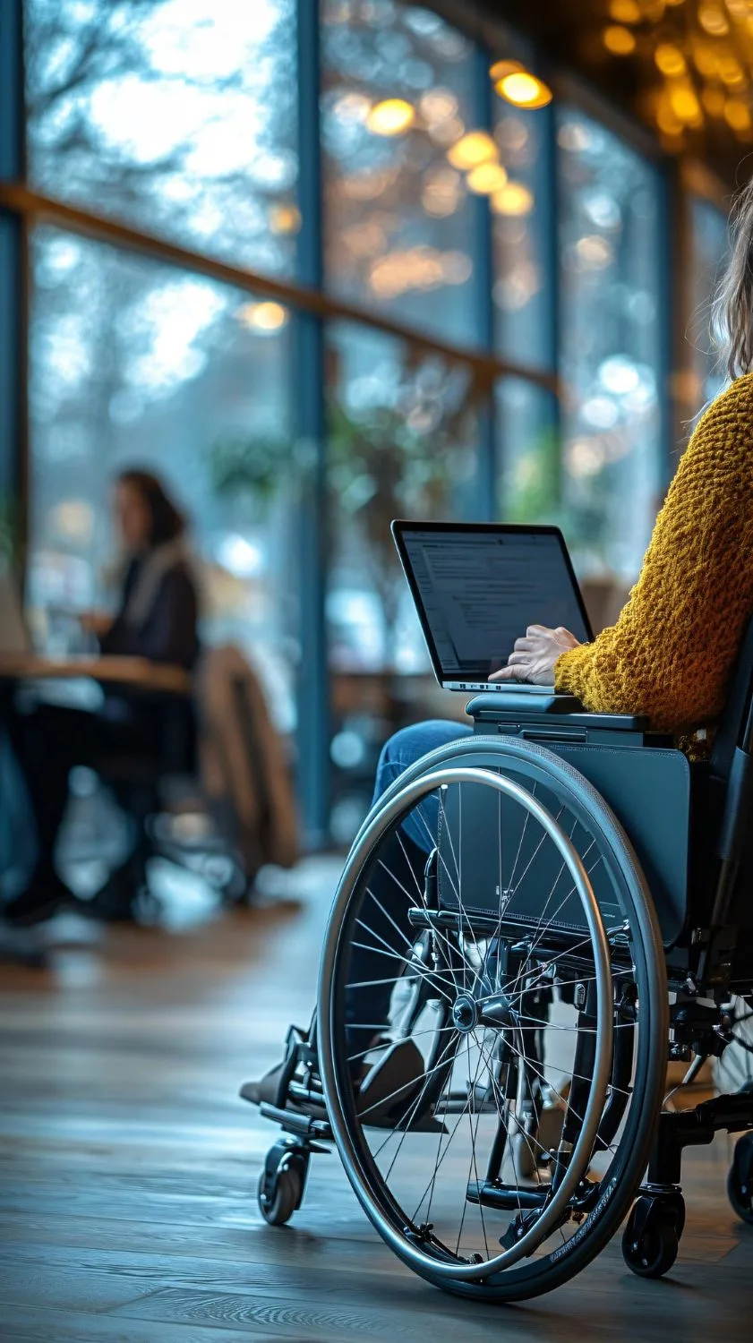 A woman in a wheelchair using a laptop at a table beside tall cafe windows