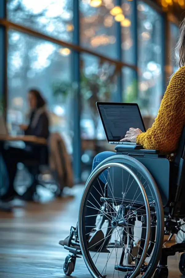 A wheelchair user working on a laptop at a cafe table.