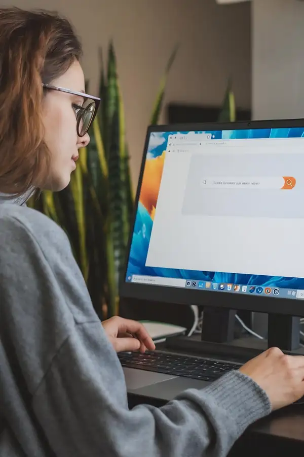 A woman at a desktop computer working through a website in her browser.