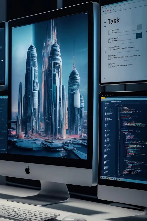 Two monitors on a desk, one showing lines of code and the other a list of tasks.