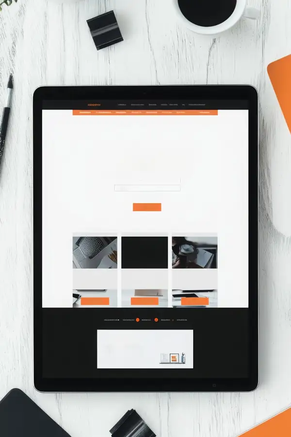 A tablet on a white desk showing a website layout, beside a coffee cup and a notebook.