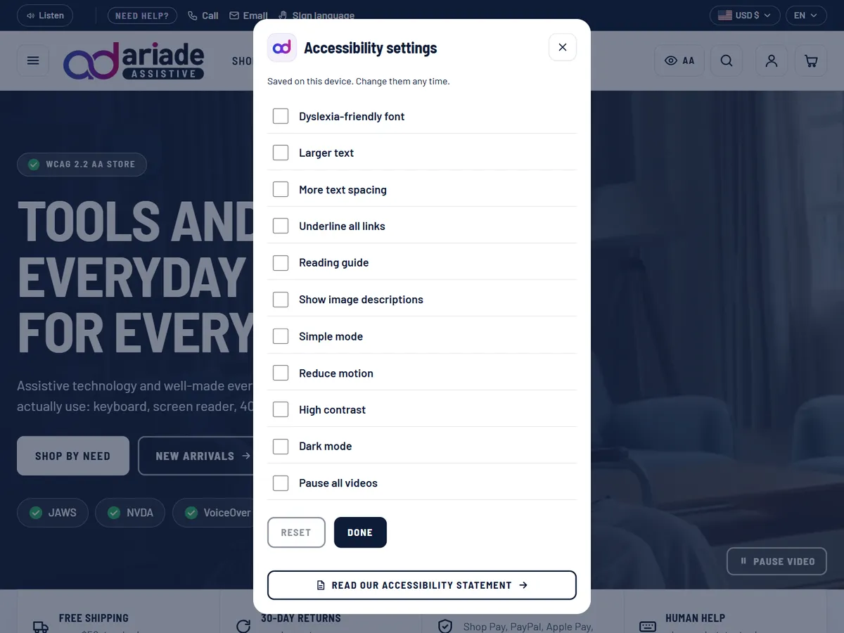 Ariade Accessibility settings dialog with font, text size, reading guide and dark mode