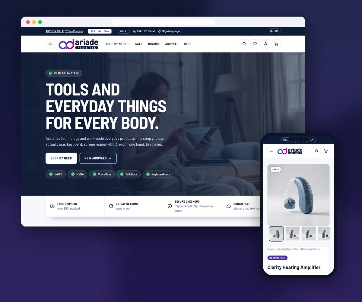 Ariade BigCommerce theme: the home page on a desktop and a product page on a phone