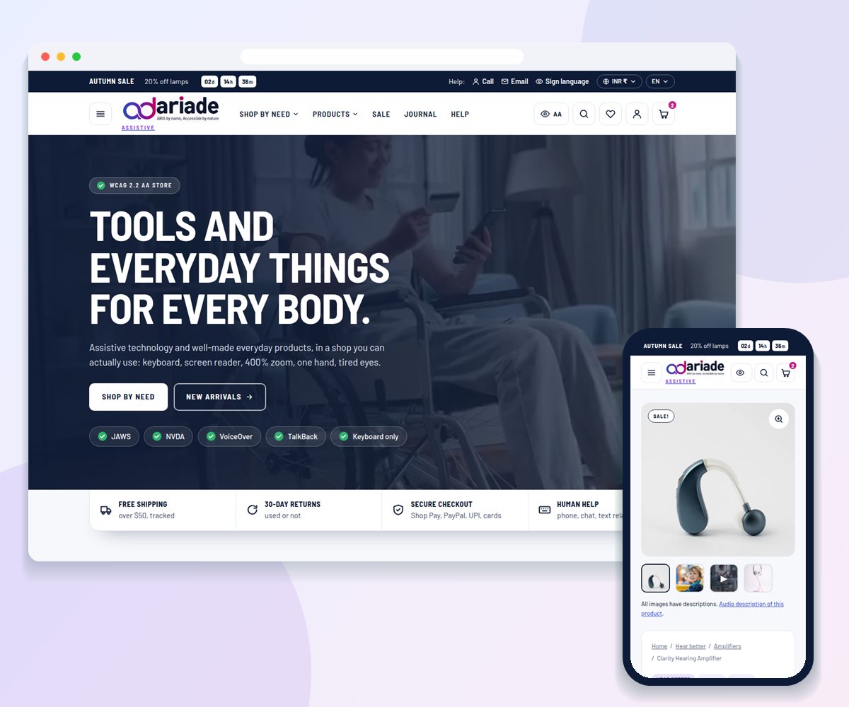 The Ariade Shopify theme on desktop and mobile: the home page with the headline Tools and everyday things for every body, and a product page for a hearing amplifier on a phone