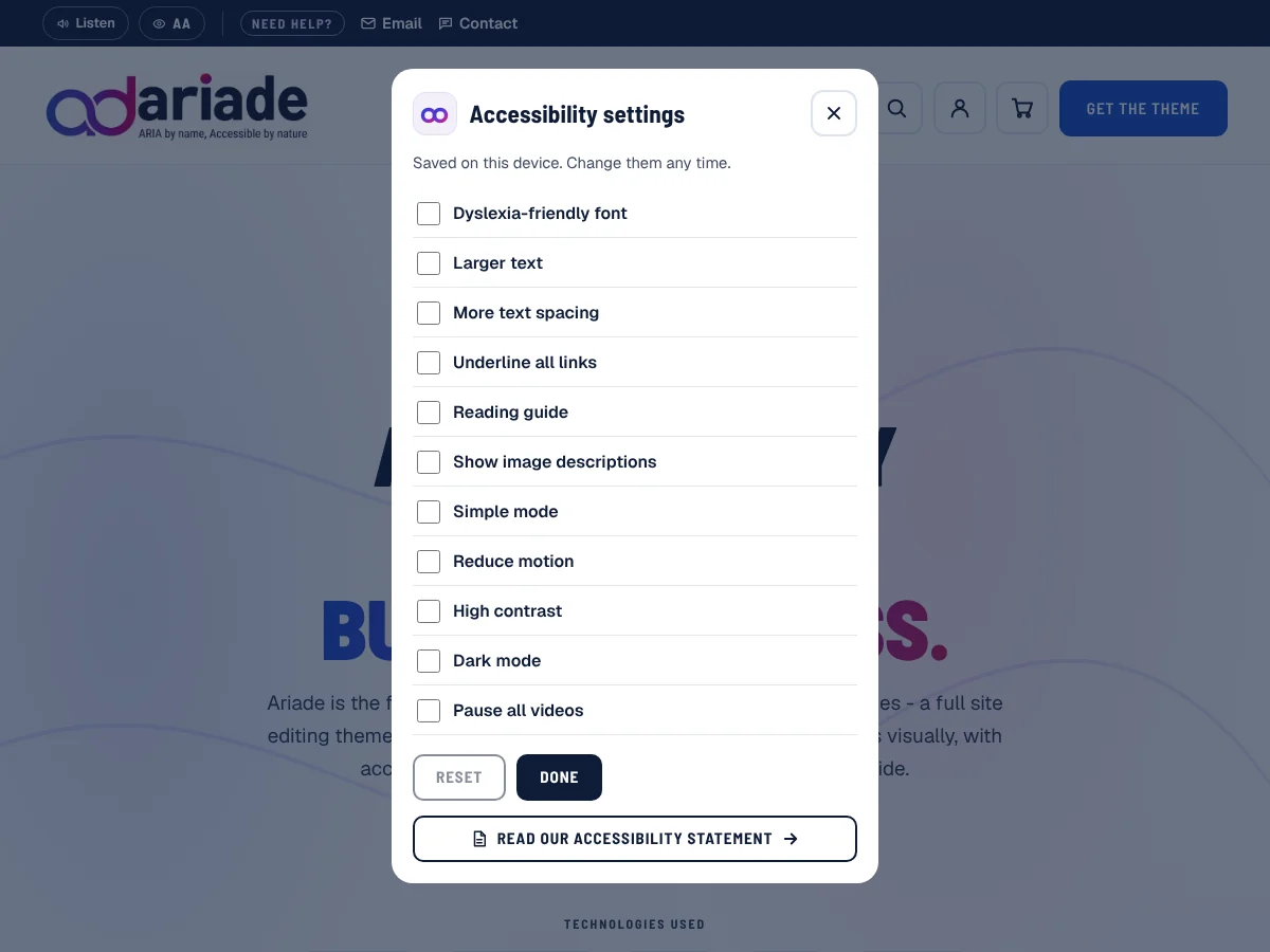 Ariade for WordPress: the Accessibility settings panel open from the AA button in the top bar, with font, text size, reading guide and dark mode options
