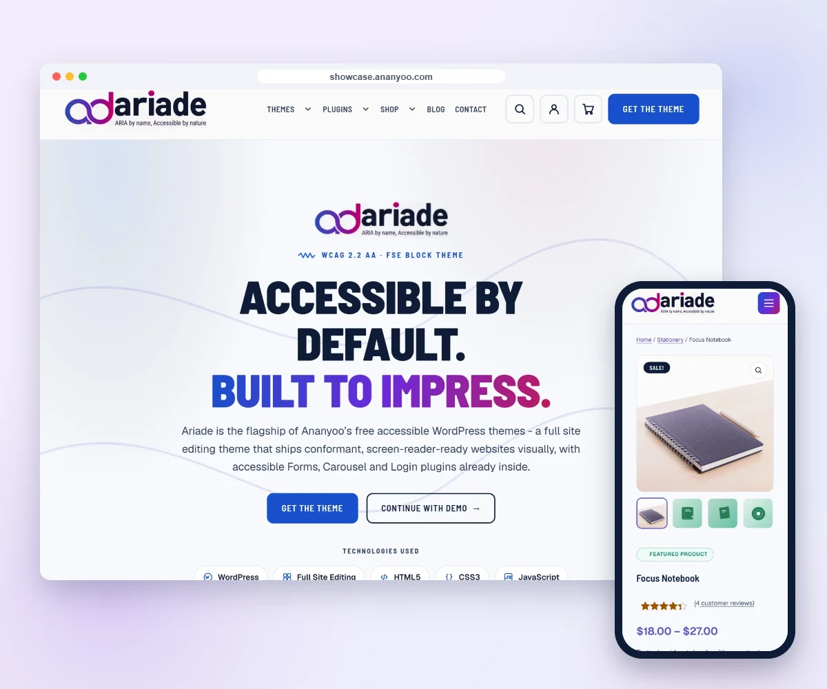 Ariade WordPress theme: the home page on a desktop and a product page on a phone